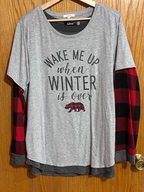 Maurices Grey Graphic Layered-Look Top with Buffalo plaid wake me up sz 1X